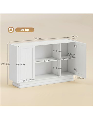 HOMCOM Sideboard Buffet Cabinet, 133 cm Storage Cabinet with 2 Open Shelves, 2 Cupboards and Soft Close Doors, White