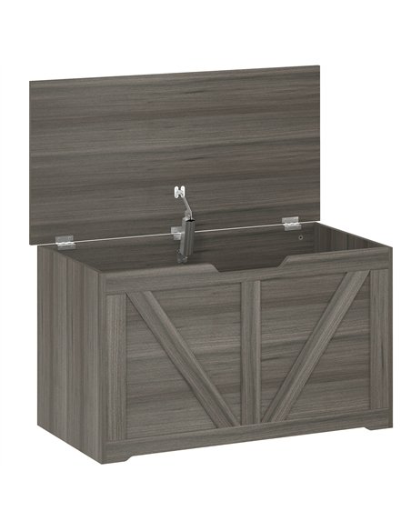 HOMCOM 100L Home Storage Box, with Safety Hinge - Dark Grey Wood-Effect - pic 211023 | FastDaddyshop