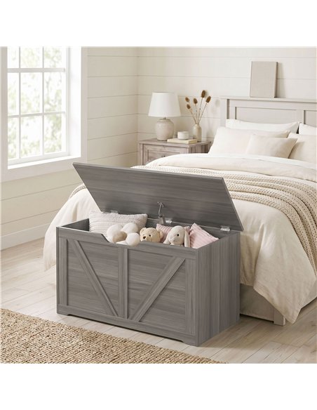 HOMCOM 100L Home Storage Box, with Safety Hinge - Dark Grey Wood-Effect - pic 211024 | FastDaddyshop