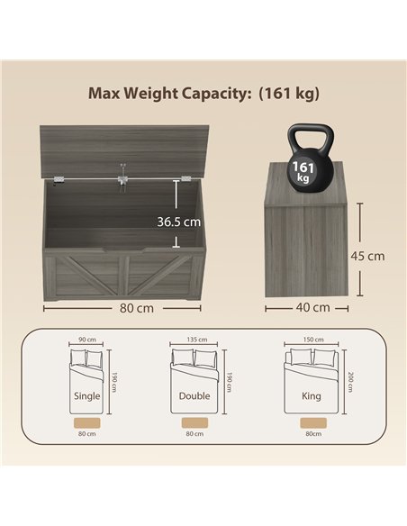 HOMCOM 100L Home Storage Box, with Safety Hinge - Dark Grey Wood-Effect - pic 211025 | FastDaddyshop