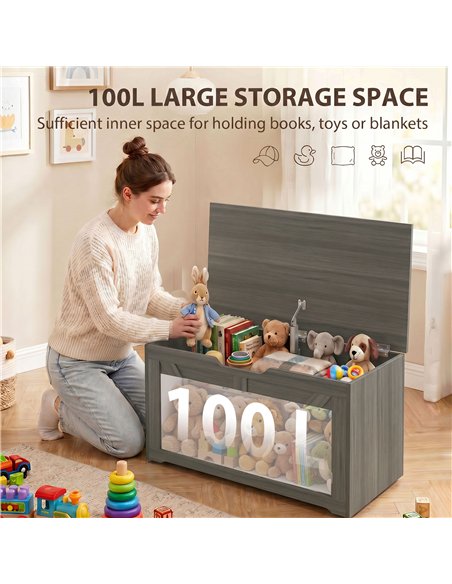 HOMCOM 100L Home Storage Box, with Safety Hinge - Dark Grey Wood-Effect - pic 211026 | FastDaddyshop