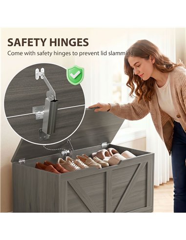 HOMCOM 100L Home Storage Box, with Safety Hinge - Dark Grey Wood-Effect