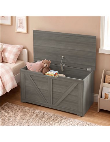 HOMCOM 100L Home Storage Box, with Safety Hinge - Dark Grey Wood-Effect