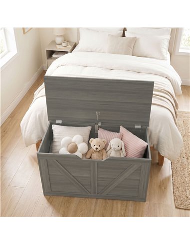 HOMCOM 100L Home Storage Box, with Safety Hinge - Dark Grey Wood-Effect