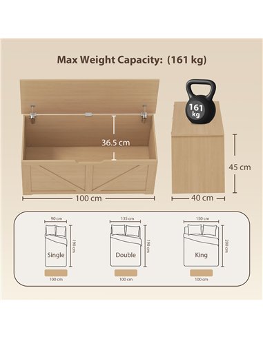 HOMCOM 127L Home Storage Box, with Safety Hinges - Nature Wood Finish