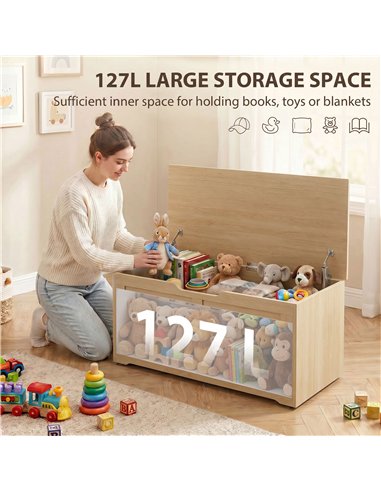 HOMCOM 127L Home Storage Box, with Safety Hinges - Nature Wood Finish