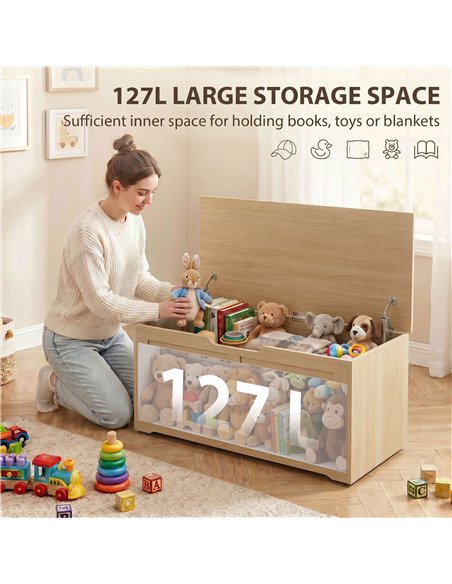 HOMCOM 127L Home Storage Box, with Safety Hinges - Nature Wood Finish - pic 211035 | FastDaddyshop