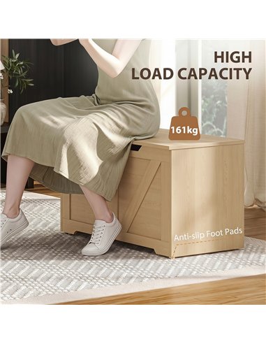 HOMCOM 127L Home Storage Box, with Safety Hinges - Nature Wood Finish
