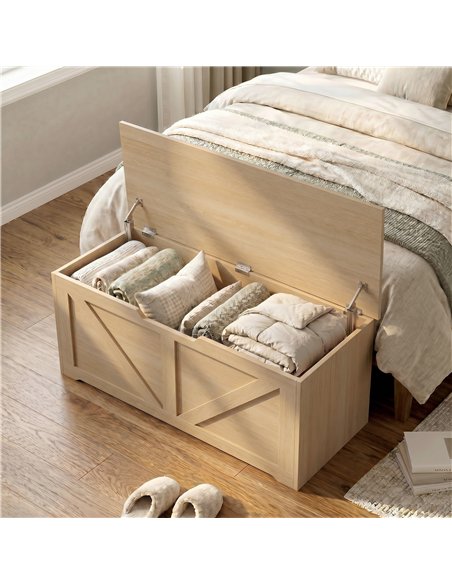 HOMCOM 127L Home Storage Box, with Safety Hinges - Nature Wood Finish - pic 211040 | FastDaddyshop