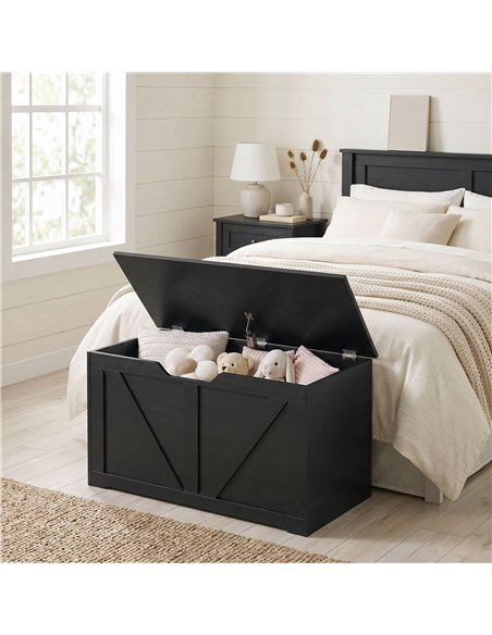 HOMCOM 100L Home Storage Box, with Safety Hinge - Black Wood-Effect - pic 211042 | FastDaddyshop
