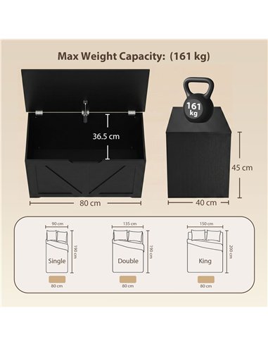 HOMCOM 100L Home Storage Box, with Safety Hinge - Black Wood-Effect