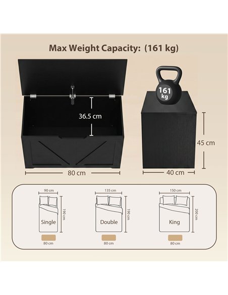 HOMCOM 100L Home Storage Box, with Safety Hinge - Black Wood-Effect - pic 211043 | FastDaddyshop