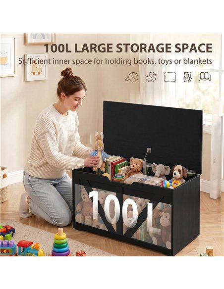 HOMCOM 100L Home Storage Box, with Safety Hinge - Black Wood-Effect - pic 211044 | FastDaddyshop