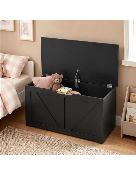 HOMCOM 100L Home Storage Box, with Safety Hinge - Black Wood-Effect - pic 211048 | FastDaddyshop