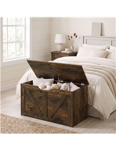 HOMCOM 100L Home Storage Box, with Safety Hinge - Rustic Brown Wood-Effect 2
