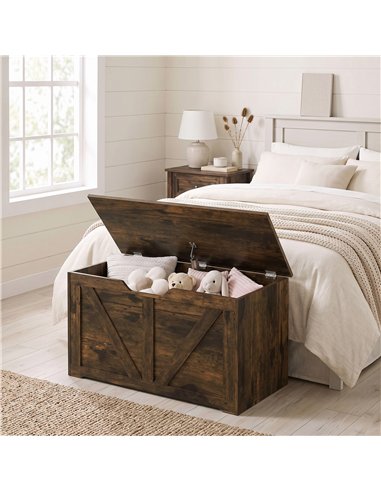 HOMCOM 100L Home Storage Box, with Safety Hinge - Rustic Brown Wood-Effect