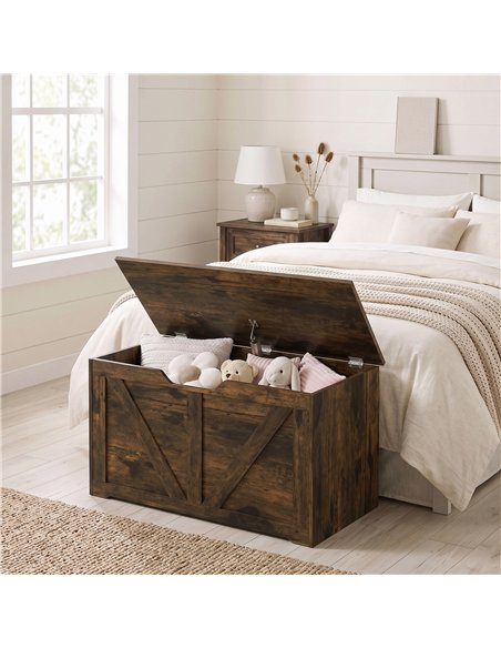HOMCOM 100L Home Storage Box, with Safety Hinge - Rustic Brown Wood-Effect - pic 211051 | FastDaddyshop