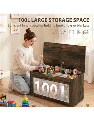HOMCOM 100L Home Storage Box, with Safety Hinge - Rustic Brown Wood-Effect