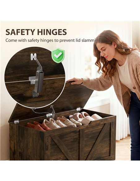 HOMCOM 100L Home Storage Box, with Safety Hinge - Rustic Brown Wood-Effect - pic 211054 | FastDaddyshop