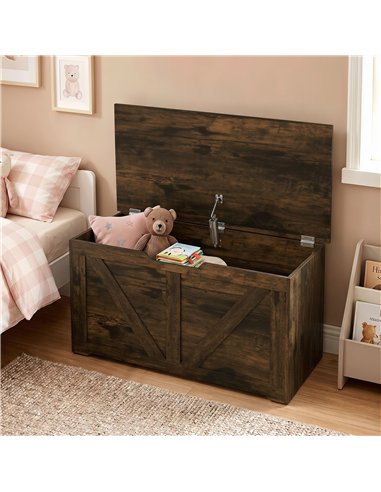 HOMCOM 100L Home Storage Box, with Safety Hinge - Rustic Brown Wood-Effect