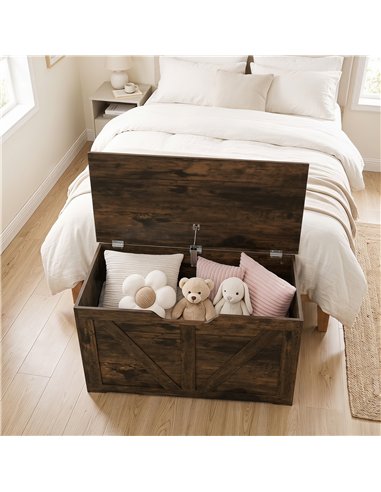 HOMCOM 100L Home Storage Box, with Safety Hinge - Rustic Brown Wood-Effect