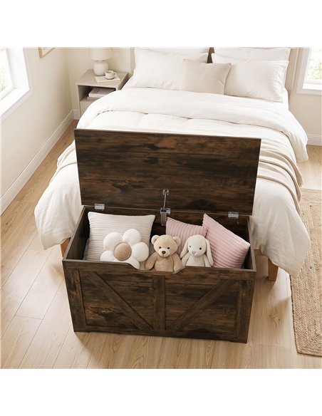 HOMCOM 100L Home Storage Box, with Safety Hinge - Rustic Brown Wood-Effect - pic 211058 | FastDaddyshop