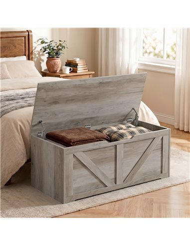 HOMCOM 127L Home Storage Box, with Safety Hinges - Grey Wood-Effect