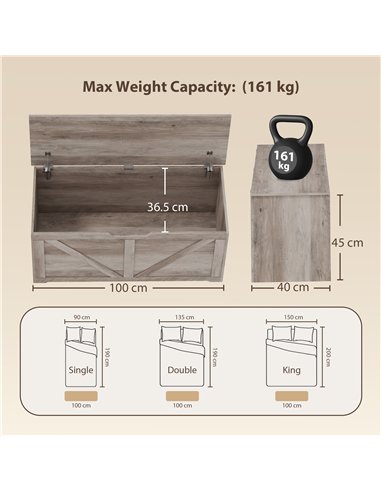 HOMCOM 127L Home Storage Box, with Safety Hinges - Grey Wood-Effect