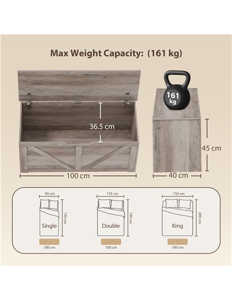 HOMCOM 127L Home Storage Box, with Safety Hinges - Grey Wood-Effect - pic 211061 | FastDaddyshop