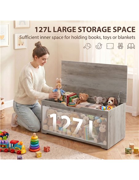 HOMCOM 127L Home Storage Box, with Safety Hinges - Grey Wood-Effect - pic 211062 | FastDaddyshop