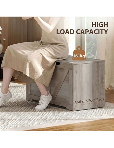 HOMCOM 127L Home Storage Box, with Safety Hinges - Grey Wood-Effect