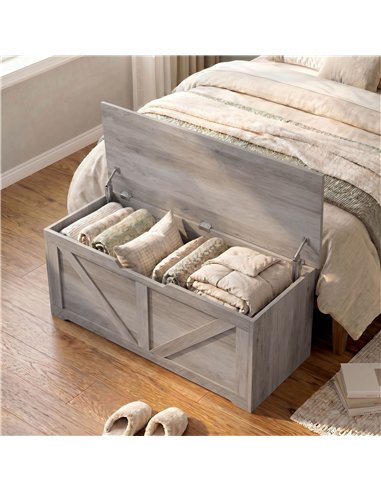 HOMCOM 127L Home Storage Box, with Safety Hinges - Grey Wood-Effect