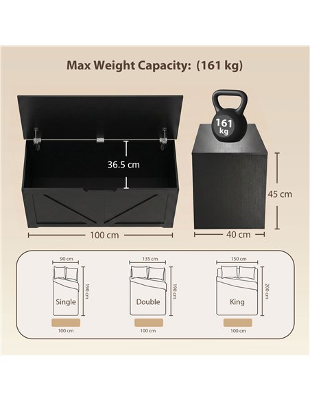 HOMCOM 127L Home Storage Box, with Safety Hinges - Black Wood-Effect - pic 211070 | FastDaddyshop
