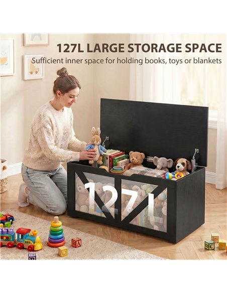 HOMCOM 127L Home Storage Box, with Safety Hinges - Black Wood-Effect - pic 211071 | FastDaddyshop