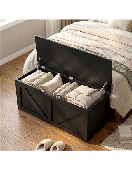 HOMCOM 127L Home Storage Box, with Safety Hinges - Black Wood-Effect - pic 211076 | FastDaddyshop