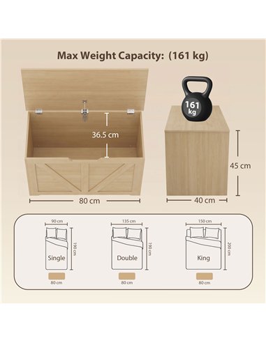 HOMCOM 100L Home Storage Box, with Safety Hinge - Nature Wood Finish