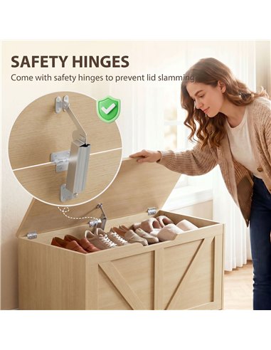 HOMCOM 100L Home Storage Box, with Safety Hinge - Nature Wood Finish