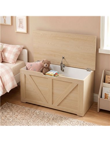 HOMCOM 100L Home Storage Box, with Safety Hinge - Nature Wood Finish