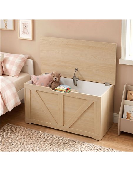 HOMCOM 100L Home Storage Box, with Safety Hinge - Nature Wood Finish - pic 211084 | FastDaddyshop