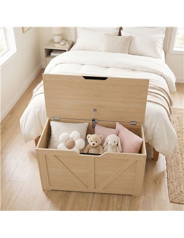 HOMCOM 100L Home Storage Box, with Safety Hinge - Nature Wood Finish