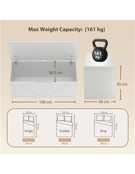 HOMCOM 127L Home Storage Box, with Safety Hinges - White Wood-Effect - pic 211088 | FastDaddyshop