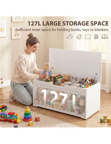 HOMCOM 127L Home Storage Box, with Safety Hinges - White Wood-Effect