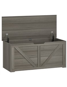 HOMCOM 127L Home Storage Box, with Safety Hinges - Dark Grey Wood-Effect