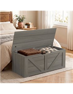HOMCOM 127L Home Storage Box, with Safety Hinges - Dark Grey Wood-Effect 2
