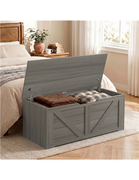 HOMCOM 127L Home Storage Box, with Safety Hinges - Dark Grey Wood-Effect - pic 211096 | FastDaddyshop