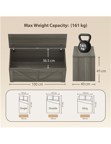 HOMCOM 127L Home Storage Box, with Safety Hinges - Dark Grey Wood-Effect