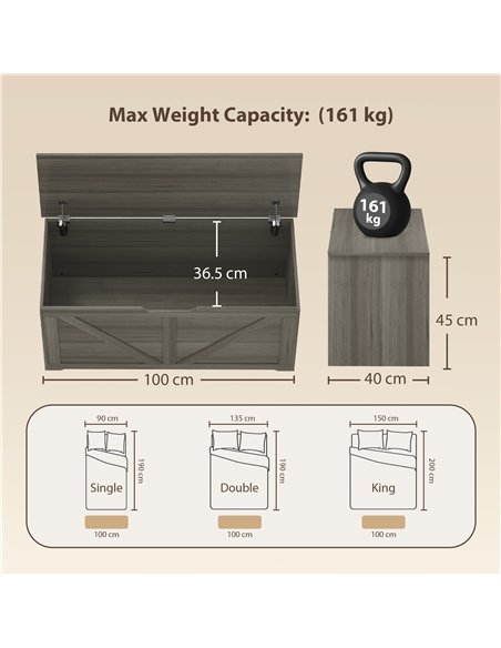 HOMCOM 127L Home Storage Box, with Safety Hinges - Dark Grey Wood-Effect - pic 211097 | FastDaddyshop