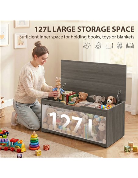 HOMCOM 127L Home Storage Box, with Safety Hinges - Dark Grey Wood-Effect - pic 211098 | FastDaddyshop