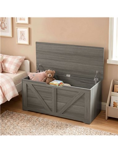 HOMCOM 127L Home Storage Box, with Safety Hinges - Dark Grey Wood-Effect