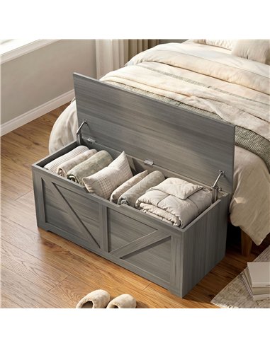 HOMCOM 127L Home Storage Box, with Safety Hinges - Dark Grey Wood-Effect